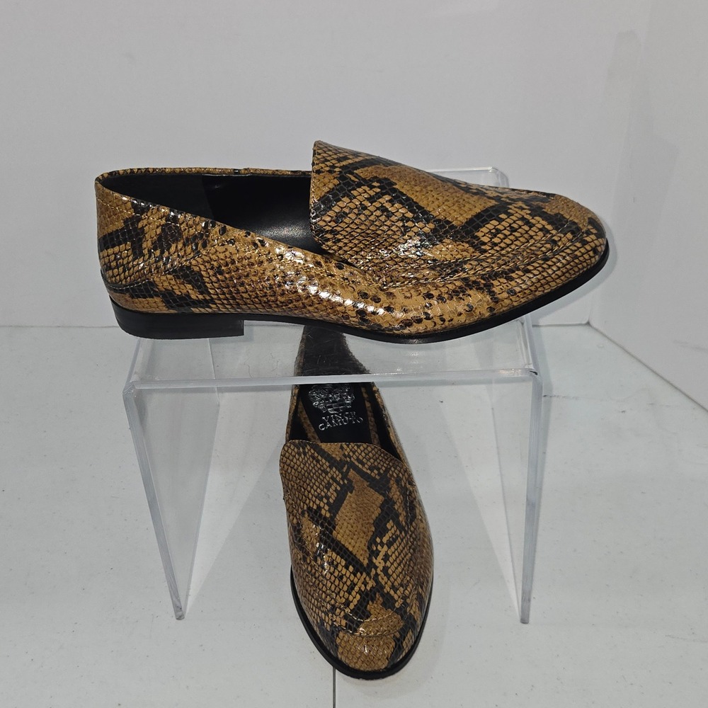 Vince Camuto Womens 9M Snakeskin Print Leather Loafers Flats Brown AC914